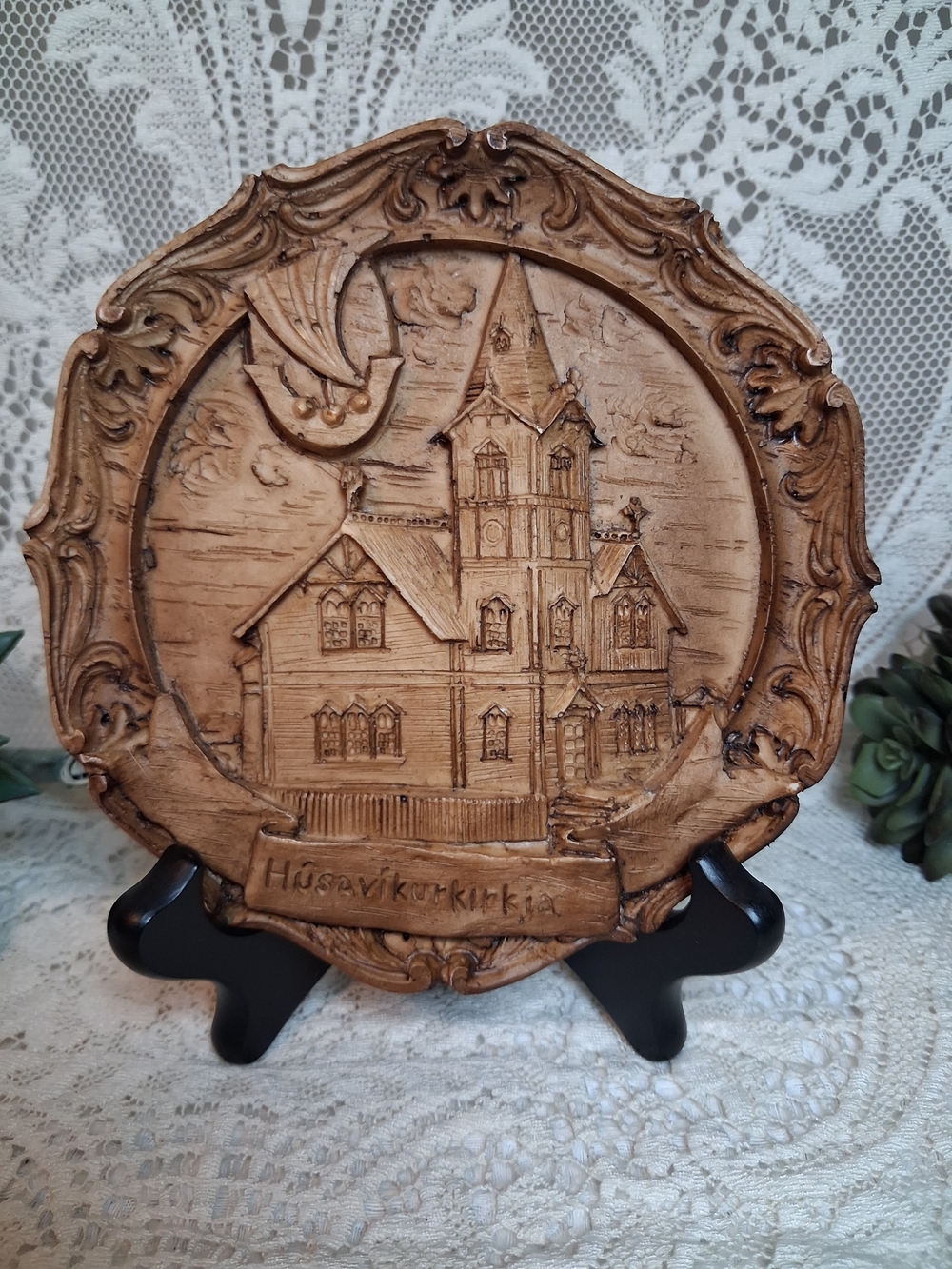 Vintage MCM Icelandic Faux Wood Wall Plaque - Husavikurkirkja Church Relief